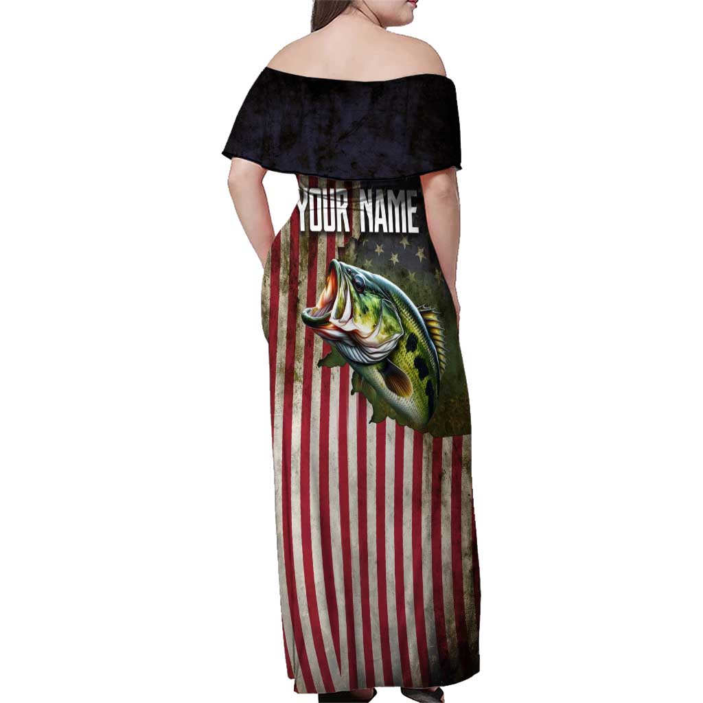 American Flag Largemouth Bass Fishing Family Matching Off Shoulder Maxi Dress and Hawaiian Shirt Jumping Fish Graphic and Custom Name Design - Wonder Print Shop