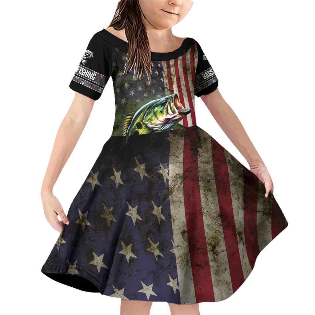 American Flag Largemouth Bass Fishing Family Matching Off Shoulder Short Dress and Hawaiian Shirt Jumping Fish Graphic and Custom Name Design - Wonder Print Shop