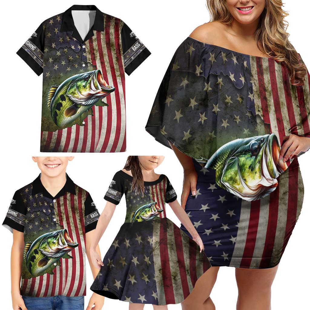 American Flag Largemouth Bass Fishing Family Matching Off Shoulder Short Dress and Hawaiian Shirt Jumping Fish Graphic and Custom Name Design - Wonder Print Shop