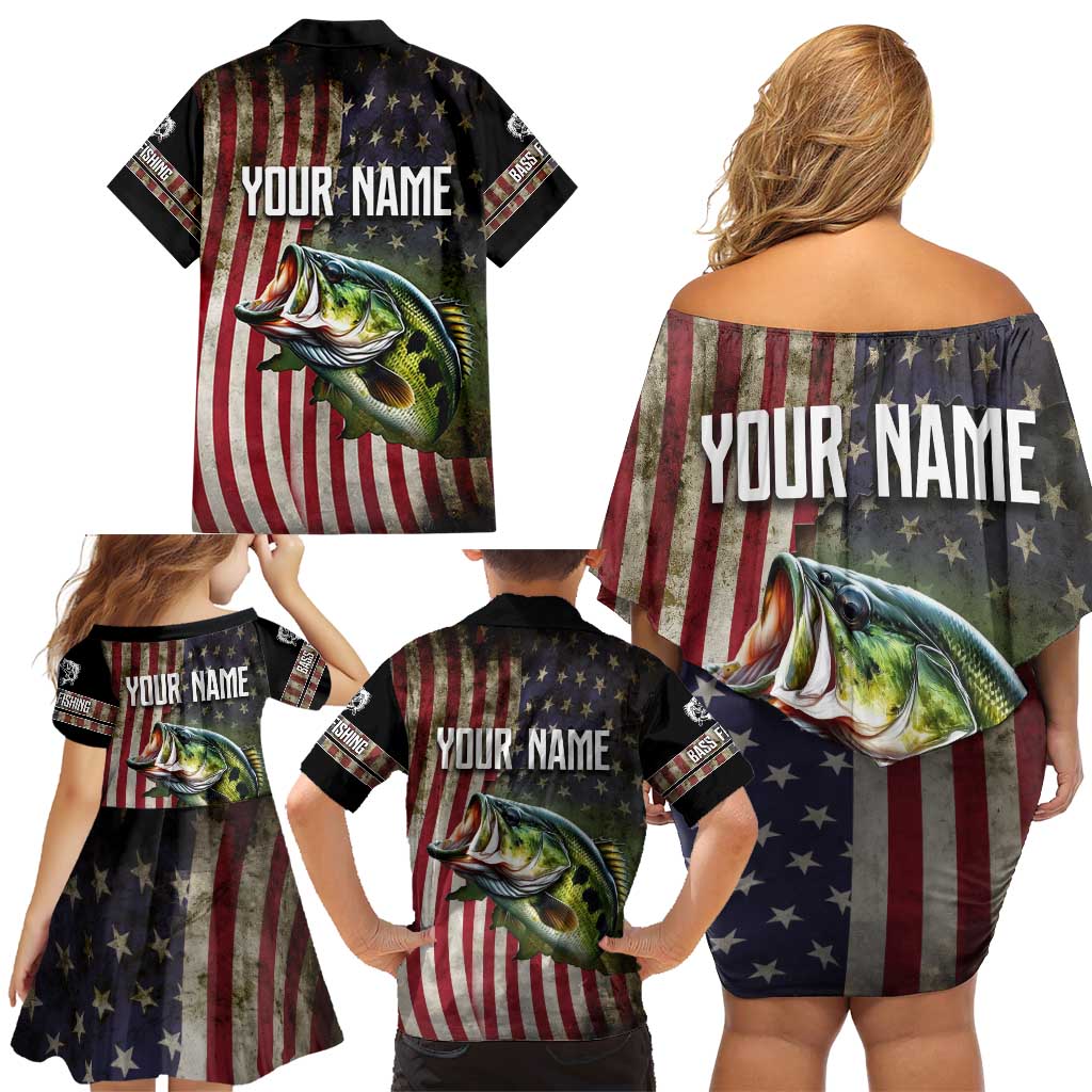 American Flag Largemouth Bass Fishing Family Matching Off Shoulder Short Dress and Hawaiian Shirt Jumping Fish Graphic and Custom Name Design - Wonder Print Shop