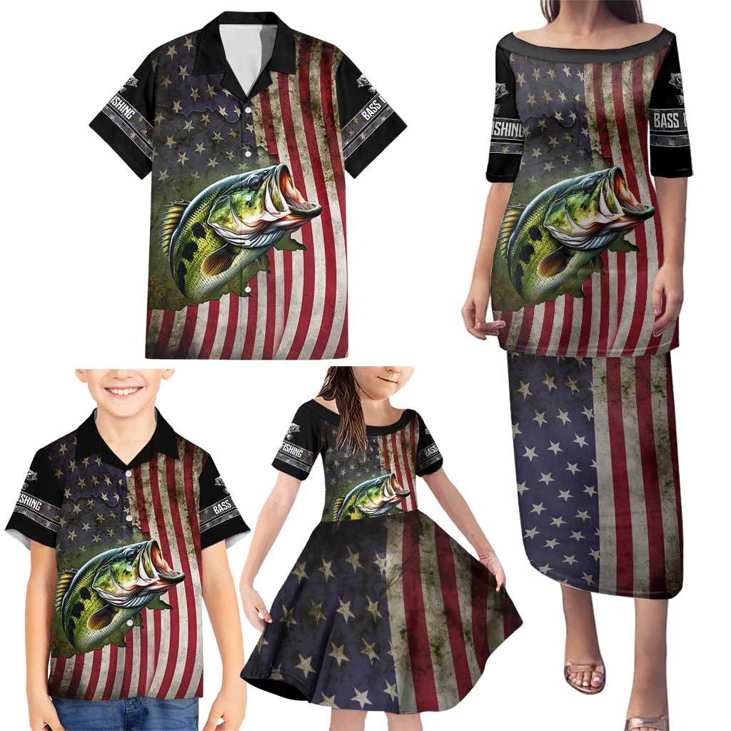 American Flag Largemouth Bass Fishing Family Matching Puletasi and Hawaiian Shirt Jumping Fish Graphic and Custom Name Design - Wonder Print Shop