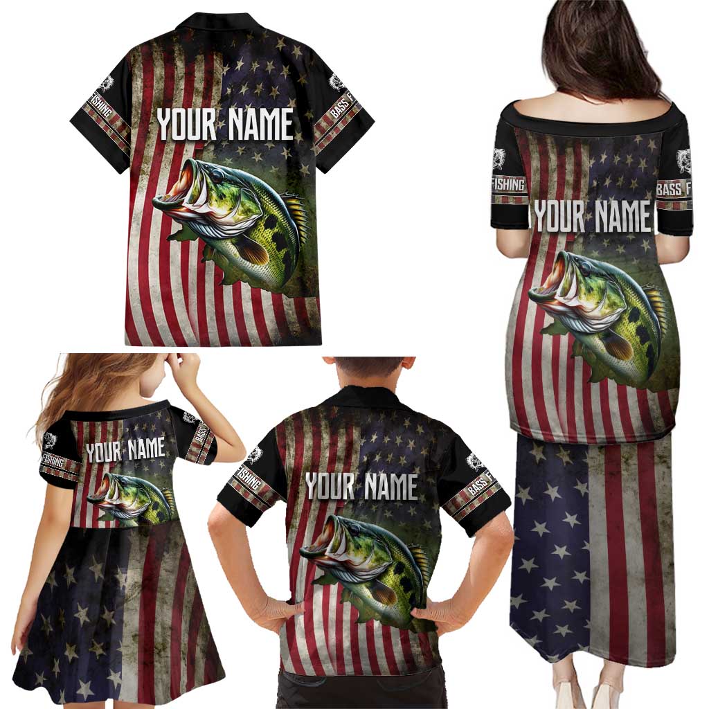 American Flag Largemouth Bass Fishing Family Matching Puletasi and Hawaiian Shirt Jumping Fish Graphic and Custom Name Design - Wonder Print Shop