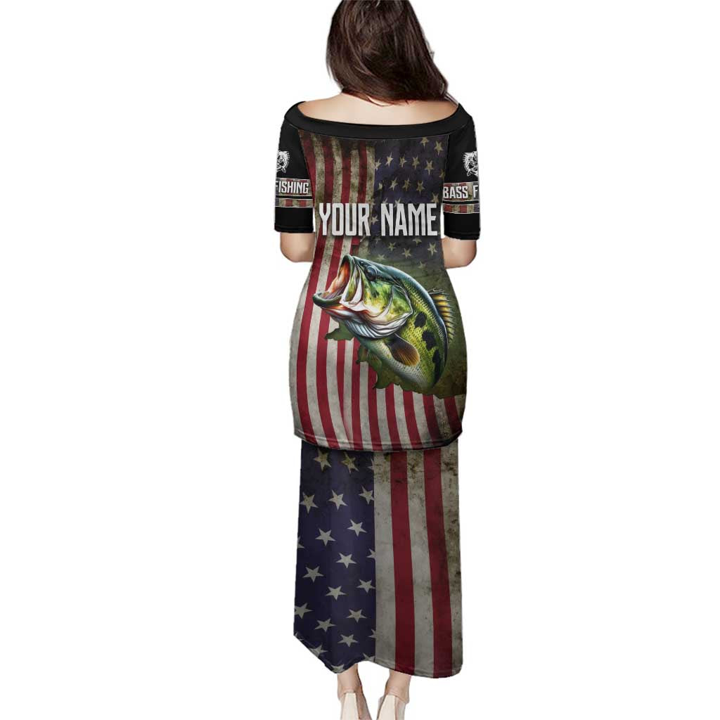 American Flag Largemouth Bass Fishing Family Matching Puletasi and Hawaiian Shirt Jumping Fish Graphic and Custom Name Design - Wonder Print Shop
