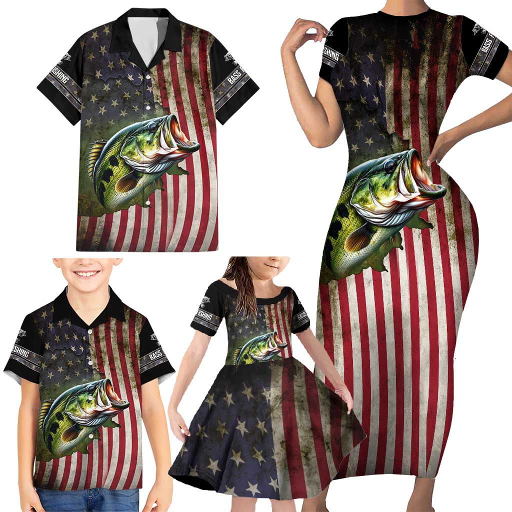 American Flag Largemouth Bass Fishing Family Matching Short Sleeve Bodycon Dress and Hawaiian Shirt Jumping Fish Graphic and Custom Name Design - Wonder Print Shop