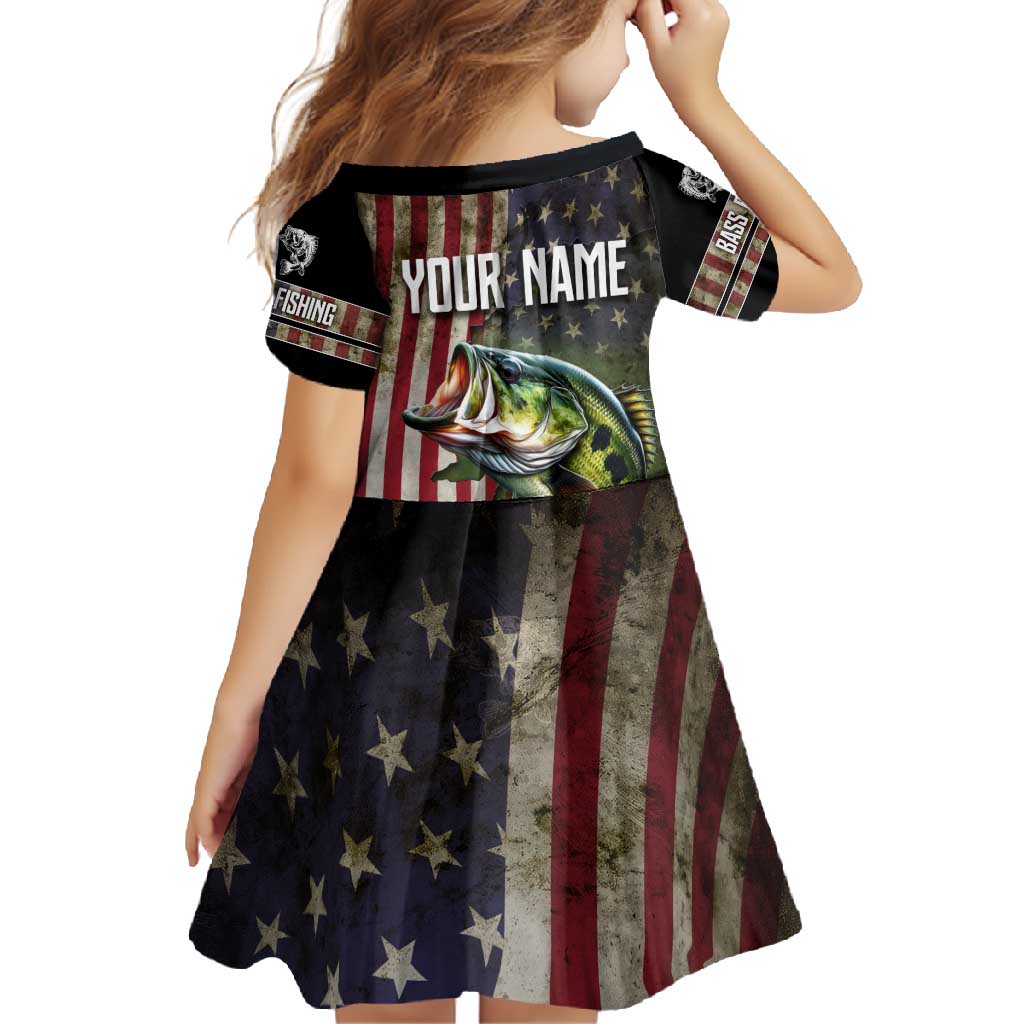 American Flag Largemouth Bass Fishing Family Matching Summer Maxi Dress and Hawaiian Shirt Jumping Fish Graphic and Custom Name Design - Wonder Print Shop