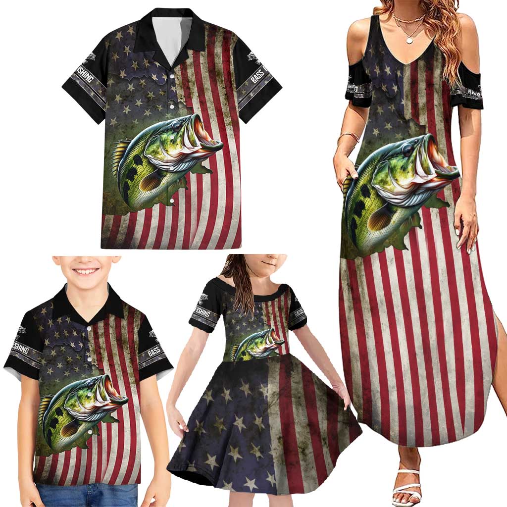 American Flag Largemouth Bass Fishing Family Matching Summer Maxi Dress and Hawaiian Shirt Jumping Fish Graphic and Custom Name Design - Wonder Print Shop