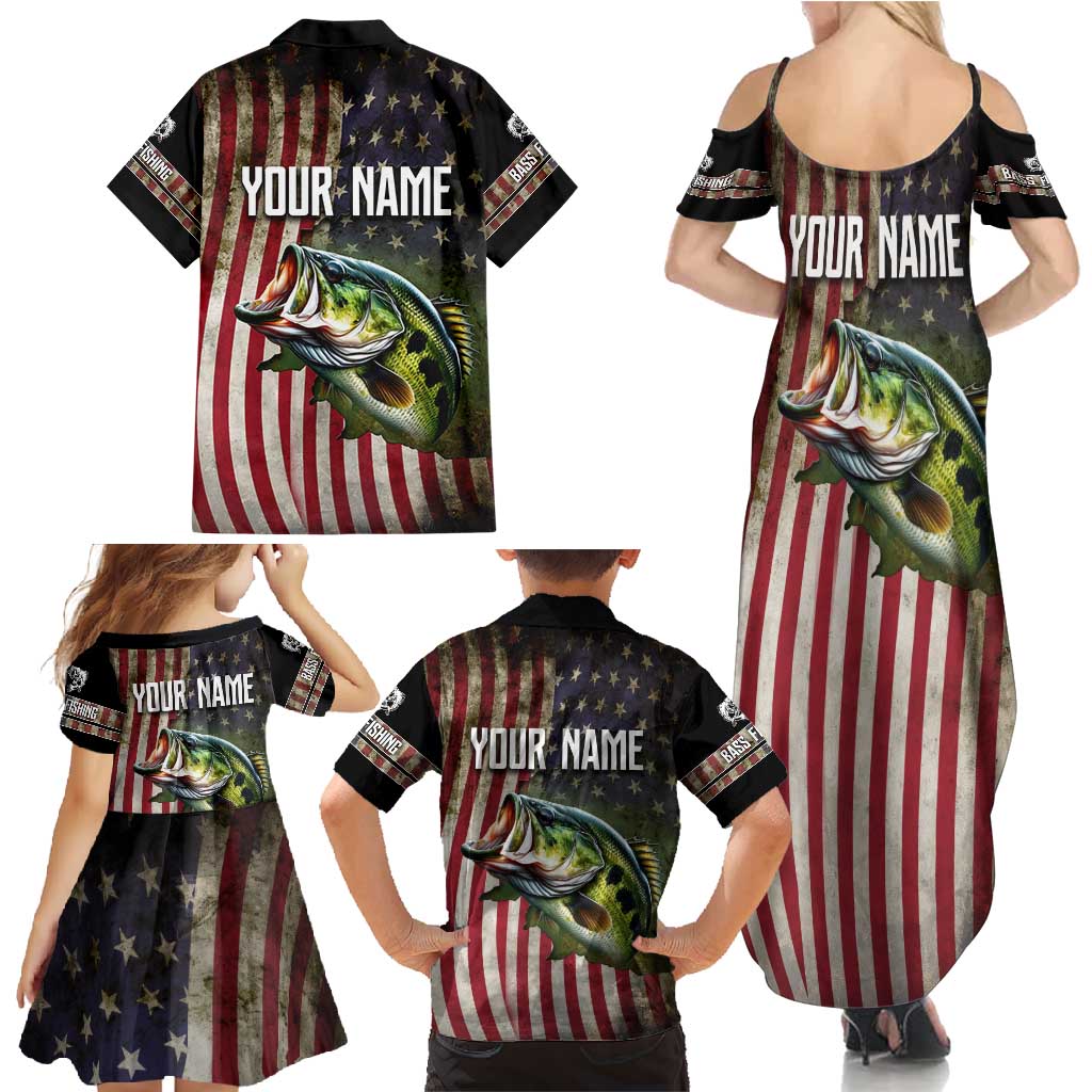 American Flag Largemouth Bass Fishing Family Matching Summer Maxi Dress and Hawaiian Shirt Jumping Fish Graphic and Custom Name Design - Wonder Print Shop
