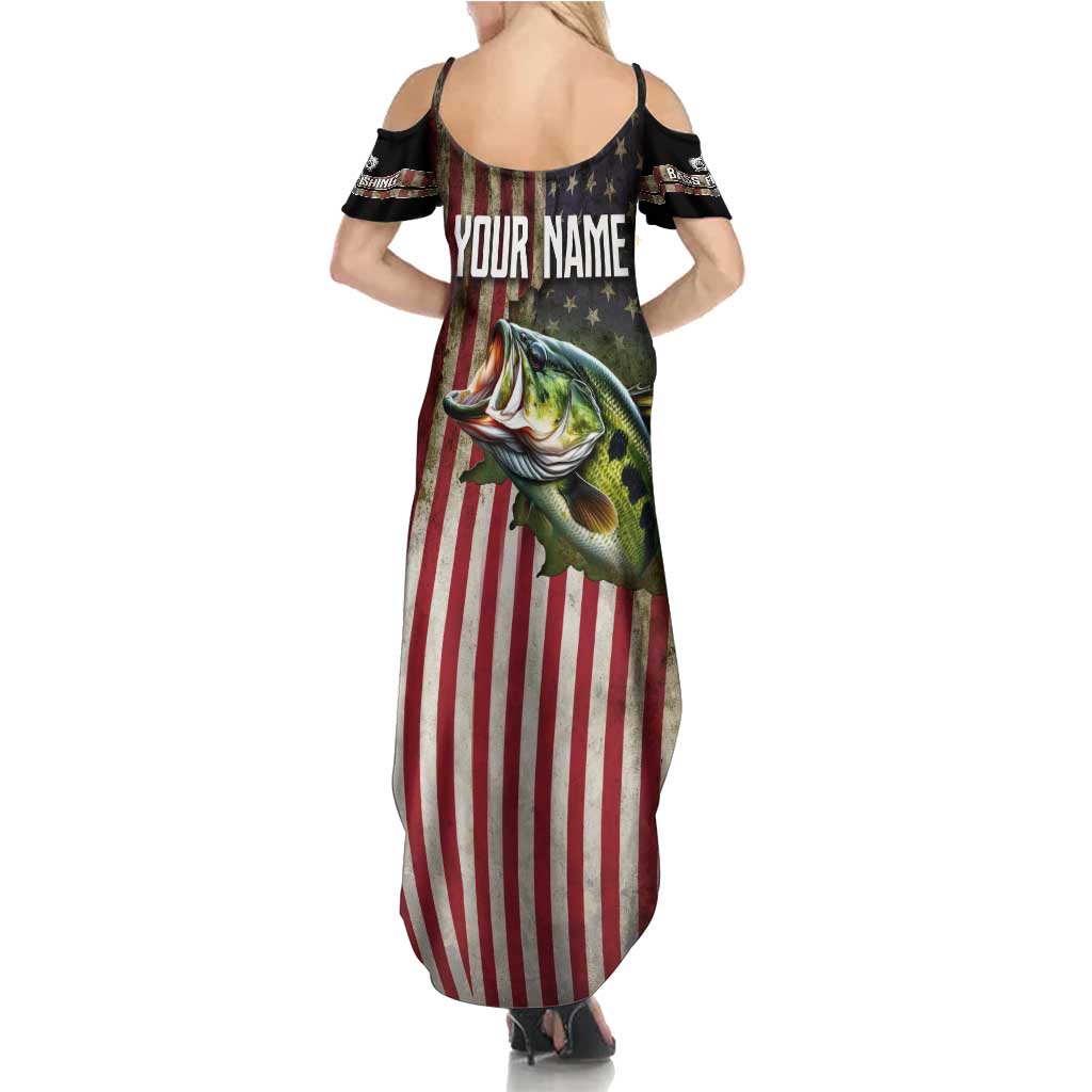 American Flag Largemouth Bass Fishing Family Matching Summer Maxi Dress and Hawaiian Shirt Jumping Fish Graphic and Custom Name Design - Wonder Print Shop