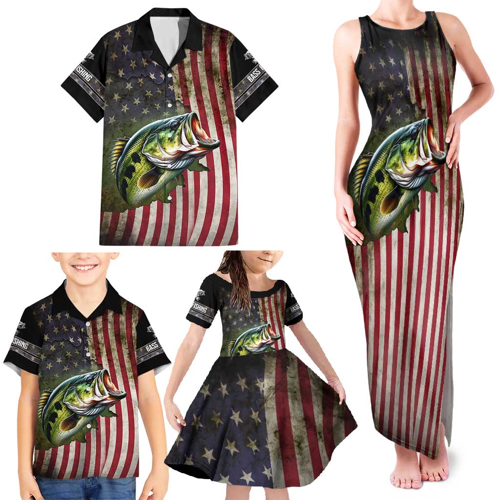 American Flag Largemouth Bass Fishing Family Matching Tank Maxi Dress and Hawaiian Shirt Jumping Fish Graphic and Custom Name Design - Wonder Print Shop