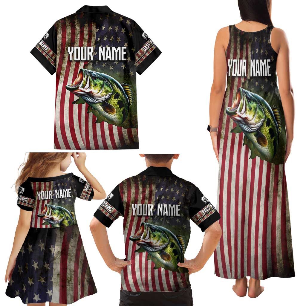 American Flag Largemouth Bass Fishing Family Matching Tank Maxi Dress and Hawaiian Shirt Jumping Fish Graphic and Custom Name Design - Wonder Print Shop