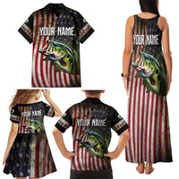 American Flag Largemouth Bass Fishing Family Matching Tank Maxi Dress and Hawaiian Shirt Jumping Fish Graphic and Custom Name Design - Wonder Print Shop