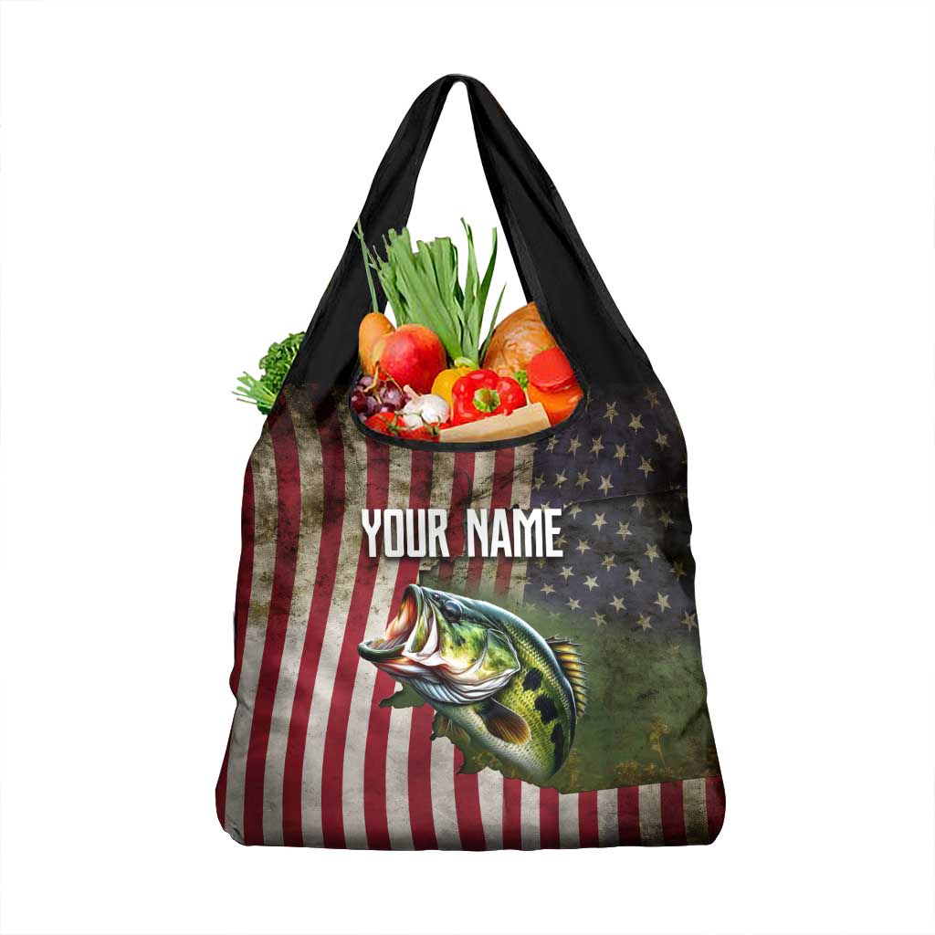 American Flag Largemouth Bass Fishing Grocery Bag Jumping Fish Graphic and Custom Name Design - Wonder Print Shop
