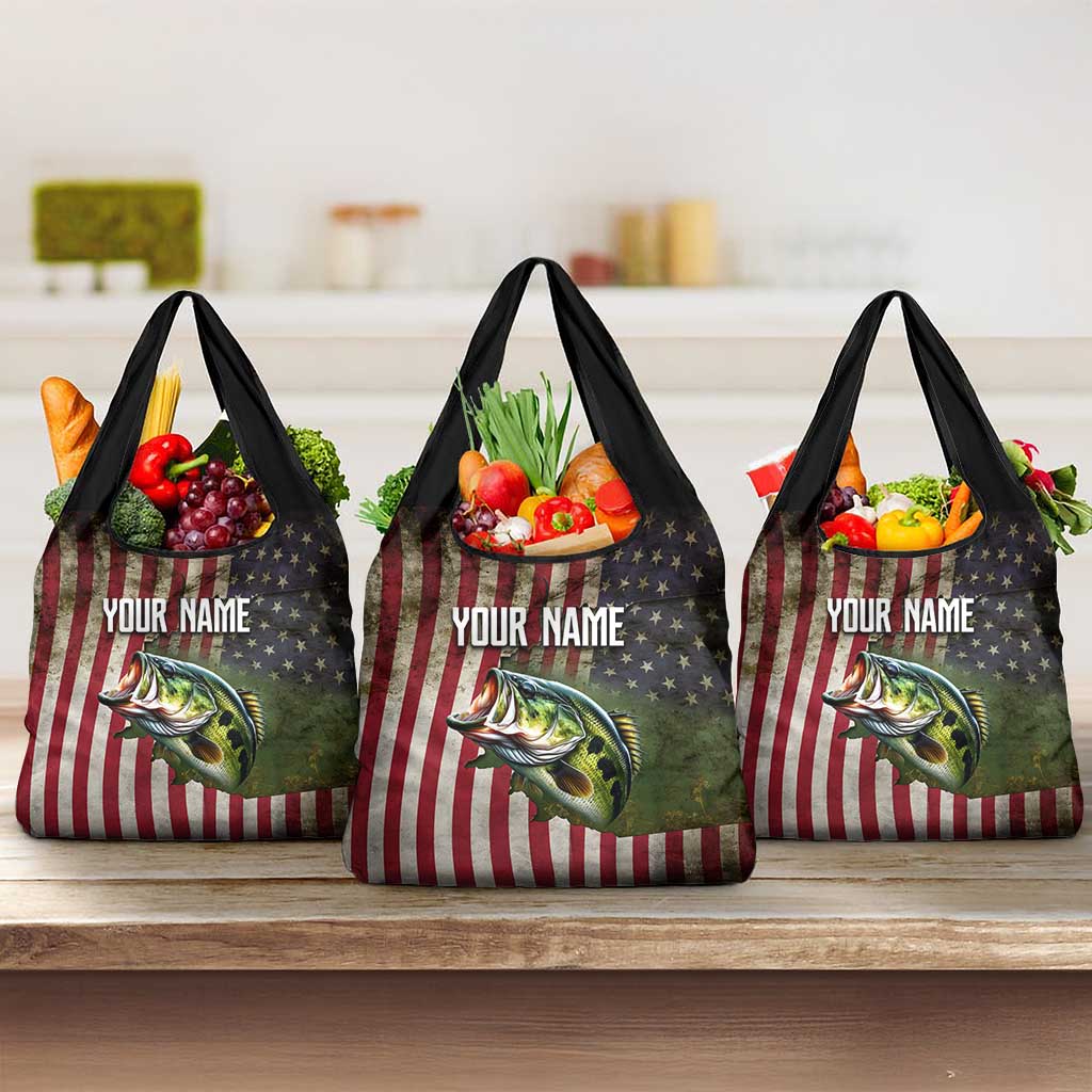 American Flag Largemouth Bass Fishing Grocery Bag Jumping Fish Graphic and Custom Name Design - Wonder Print Shop