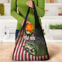 American Flag Largemouth Bass Fishing Grocery Bag Jumping Fish Graphic and Custom Name Design - Wonder Print Shop
