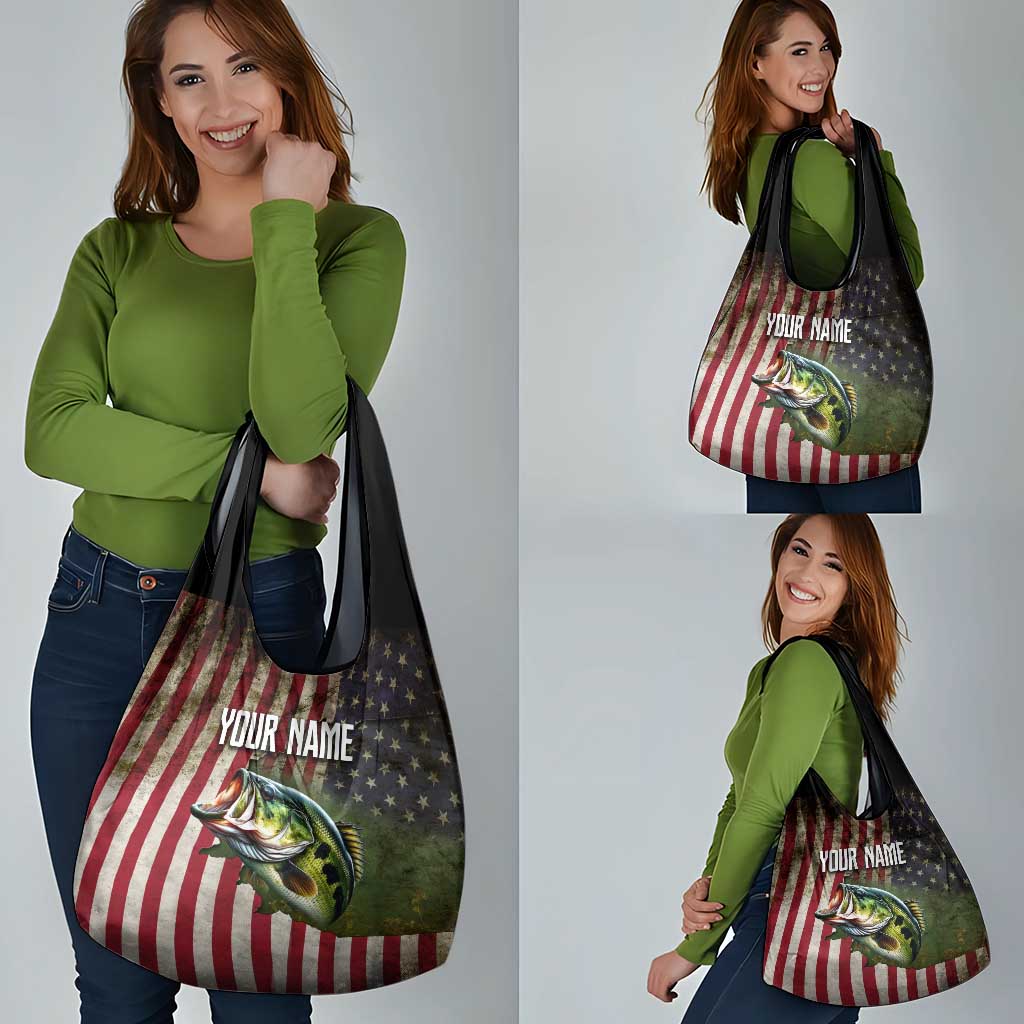 American Flag Largemouth Bass Fishing Grocery Bag Jumping Fish Graphic and Custom Name Design - Wonder Print Shop