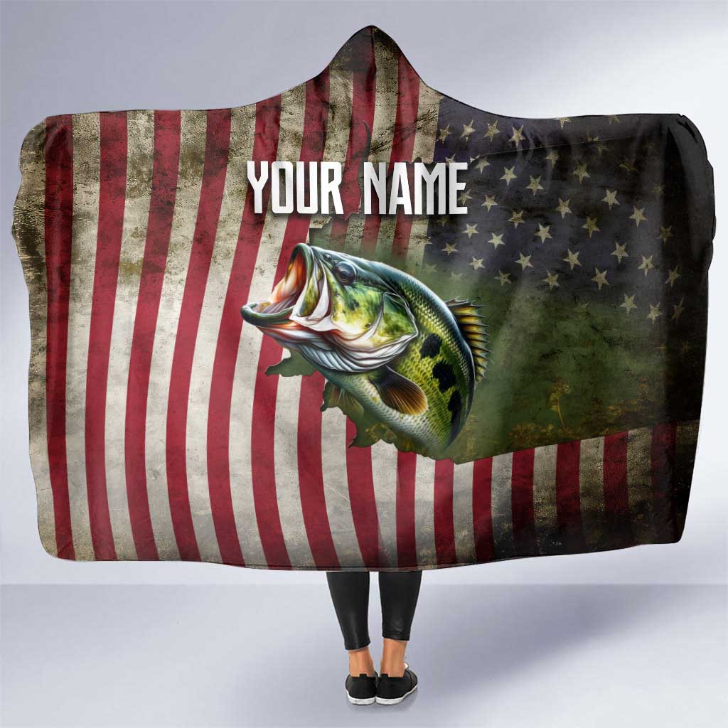 American Flag Largemouth Bass Fishing Hooded Blanket Jumping Fish Graphic and Custom Name Design - Wonder Print Shop