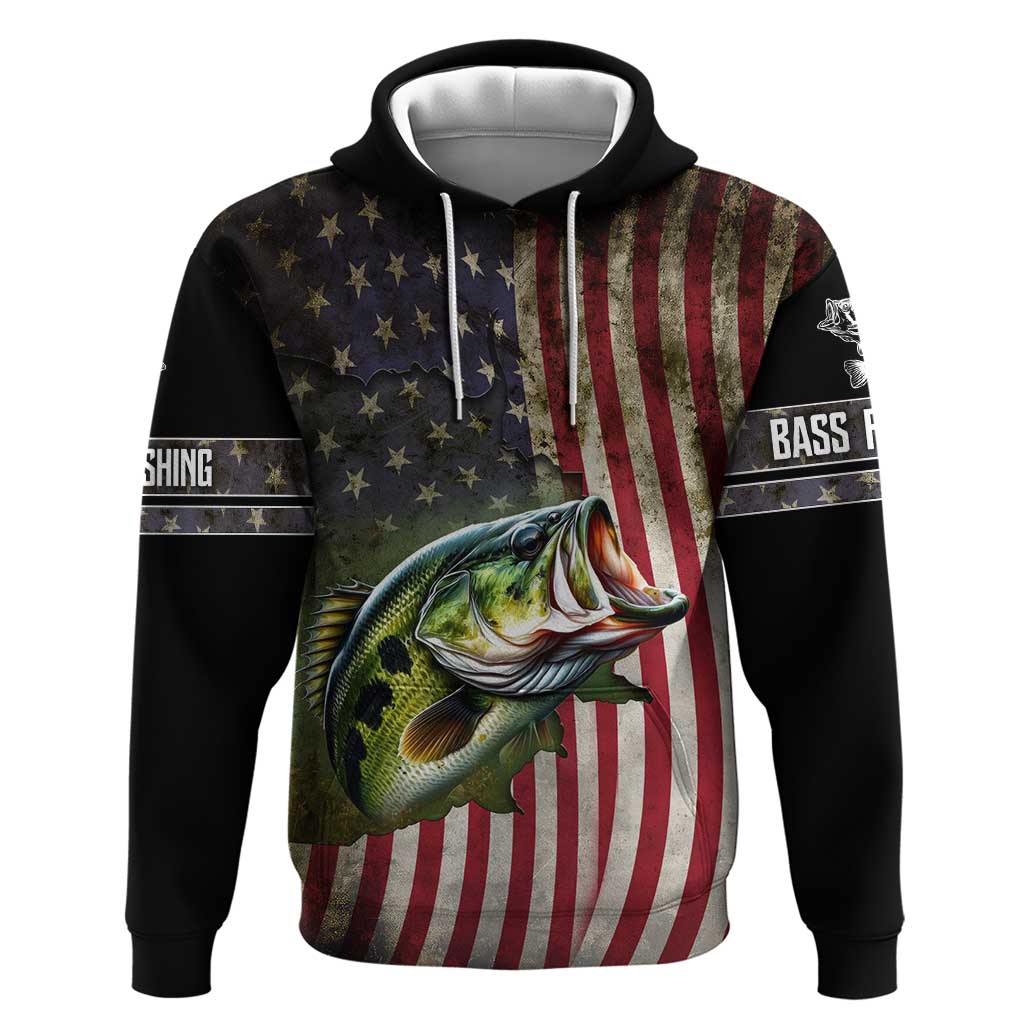 American Flag Largemouth Bass Fishing Hoodie Jumping Fish Graphic and Custom Name Design - Wonder Print Shop