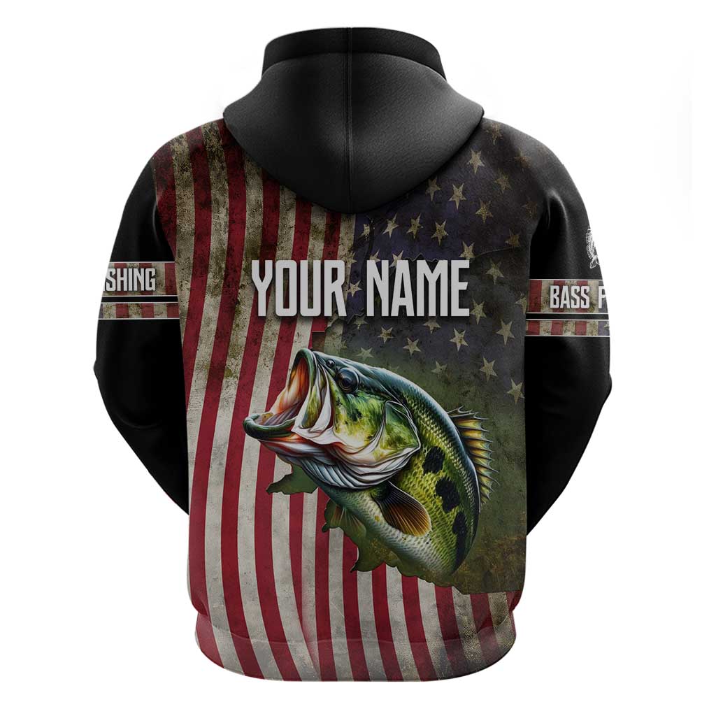 American Flag Largemouth Bass Fishing Hoodie Jumping Fish Graphic and Custom Name Design - Wonder Print Shop