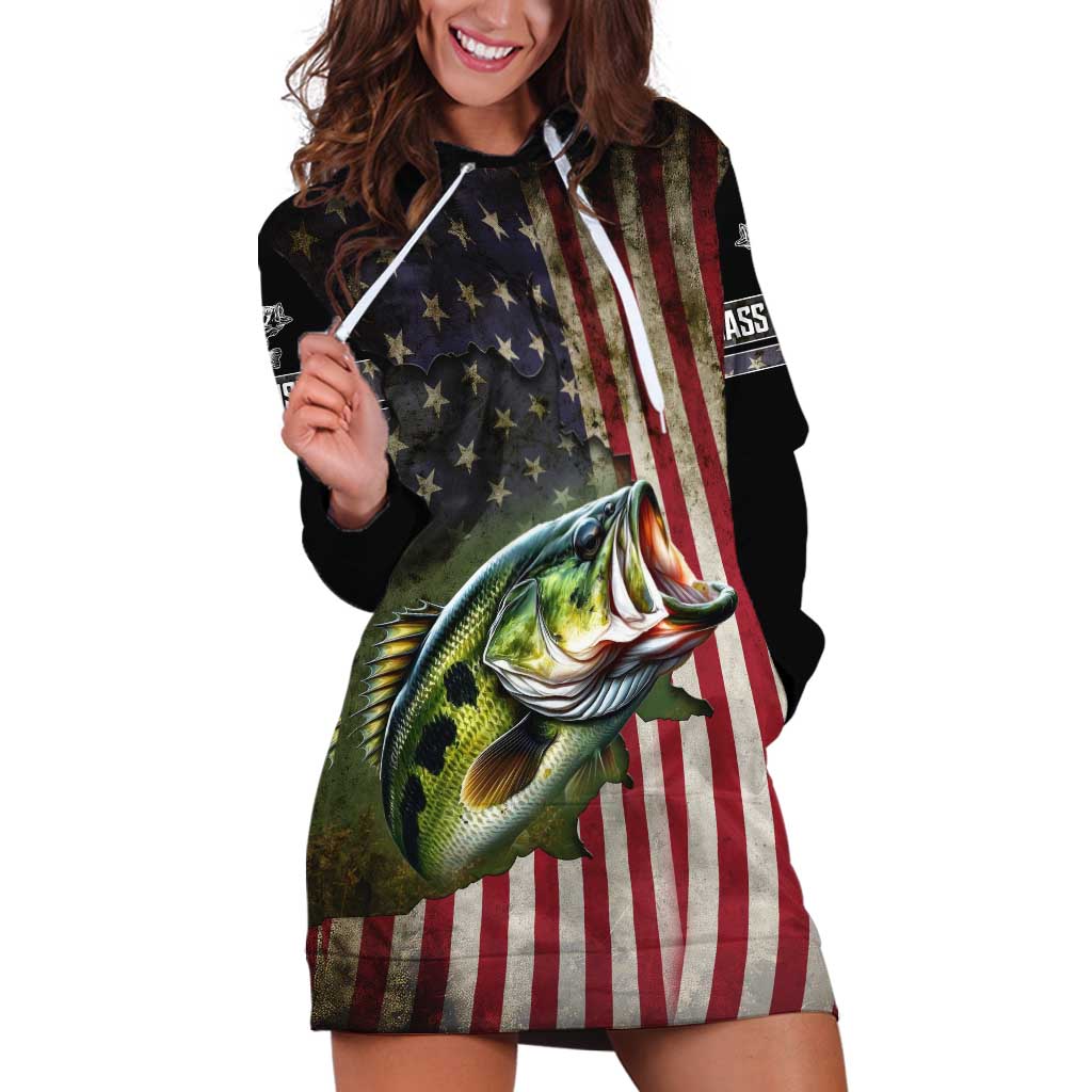 American Flag Largemouth Bass Fishing Hoodie Dress Jumping Fish Graphic and Custom Name Design - Wonder Print Shop