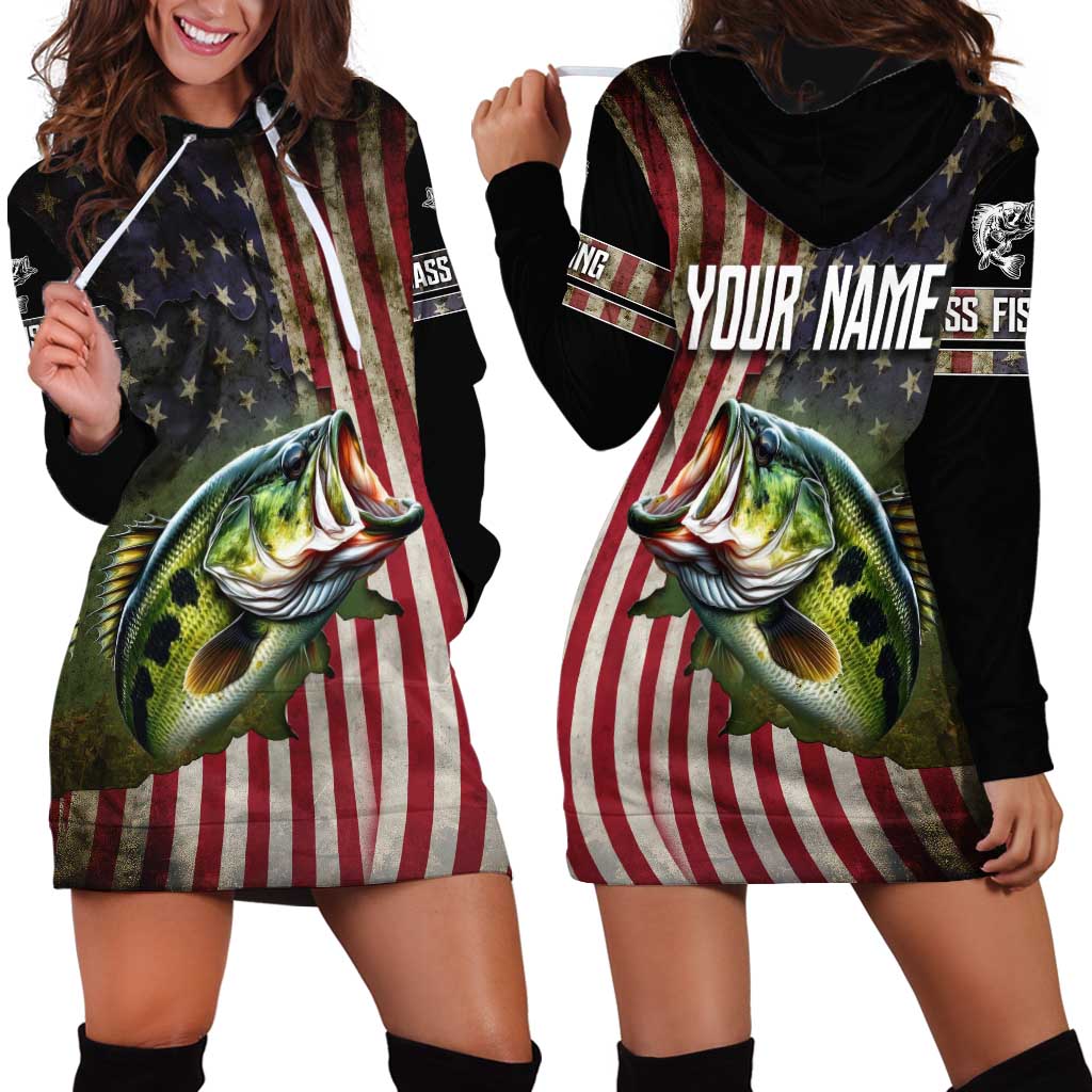 American Flag Largemouth Bass Fishing Hoodie Dress Jumping Fish Graphic and Custom Name Design - Wonder Print Shop