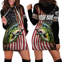 American Flag Largemouth Bass Fishing Hoodie Dress Jumping Fish Graphic and Custom Name Design - Wonder Print Shop