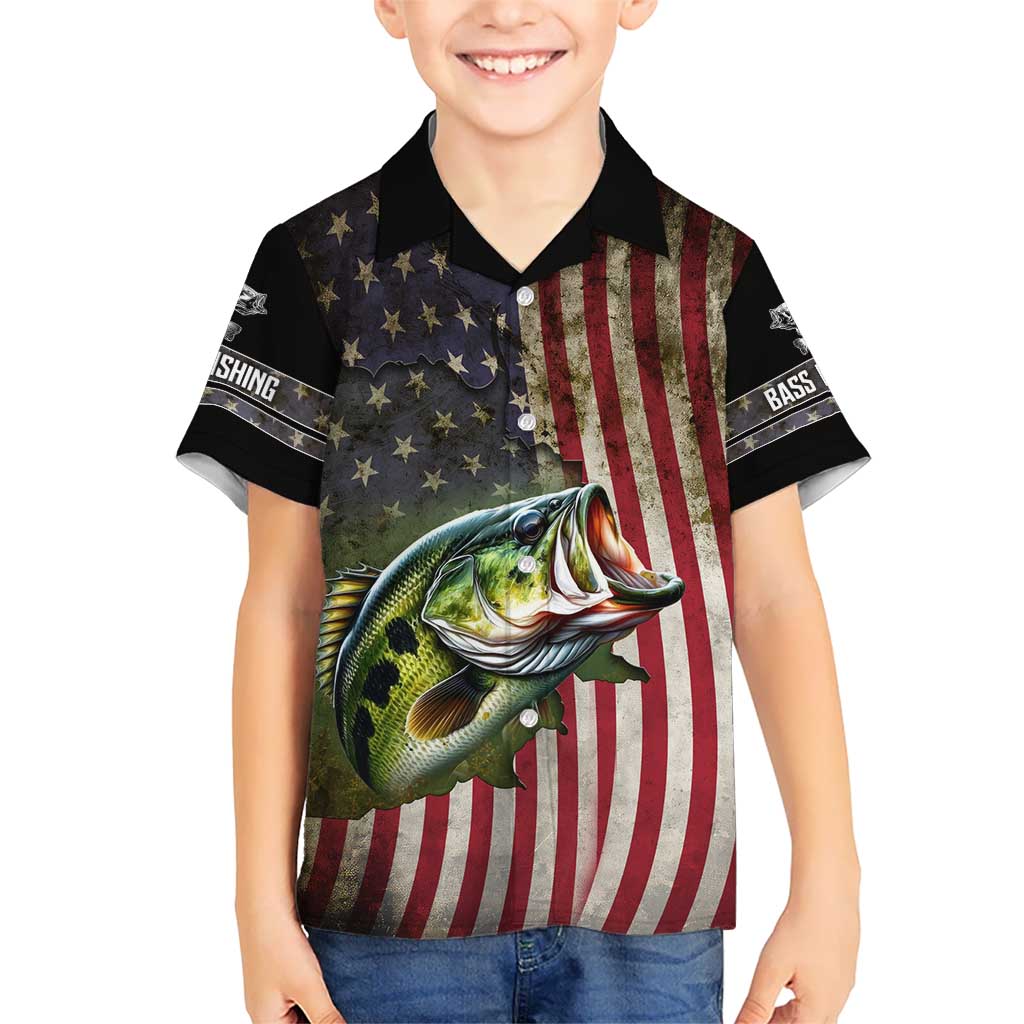 American Flag Largemouth Bass Fishing Kid Hawaiian Shirt Jumping Fish Graphic and Custom Name Design - Wonder Print Shop