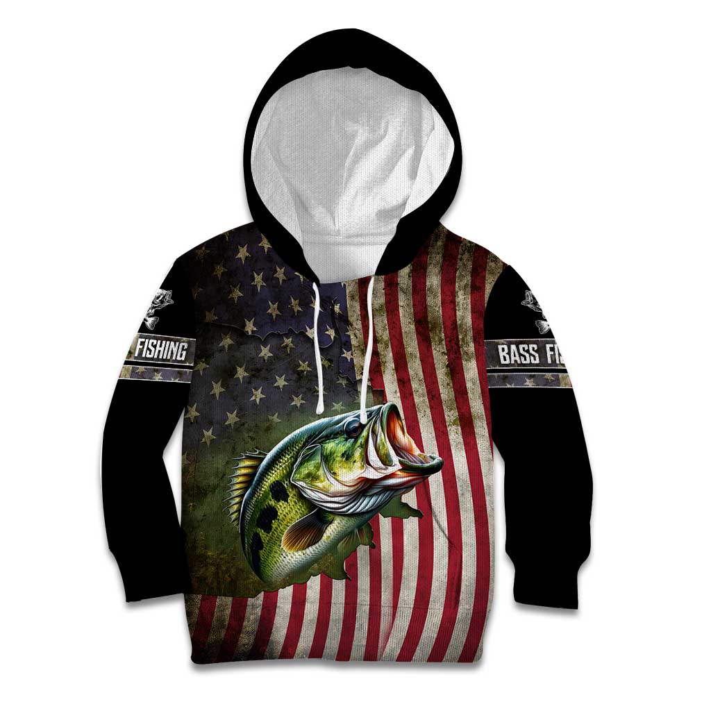 American Flag Largemouth Bass Fishing Kid Hoodie Jumping Fish Graphic and Custom Name Design - Wonder Print Shop