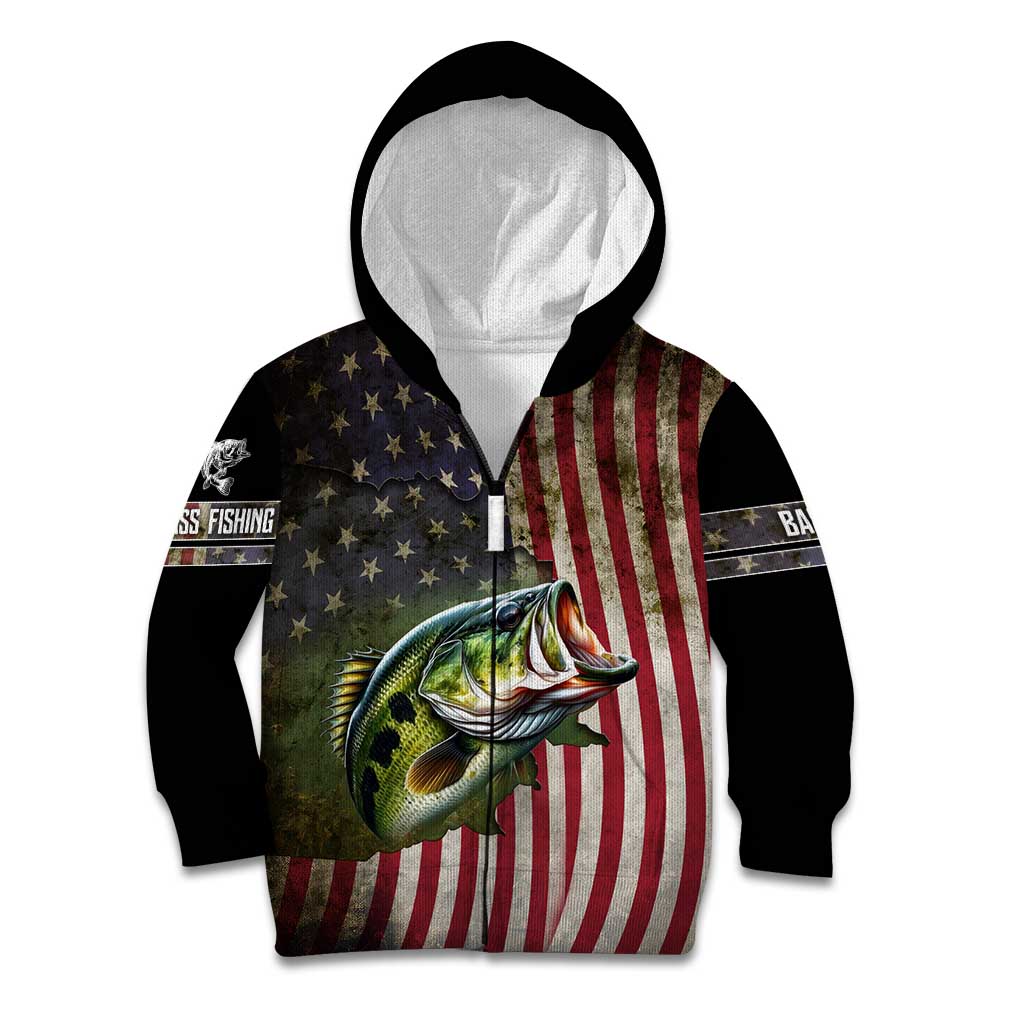 American Flag Largemouth Bass Fishing Kid Hoodie Jumping Fish Graphic and Custom Name Design - Wonder Print Shop