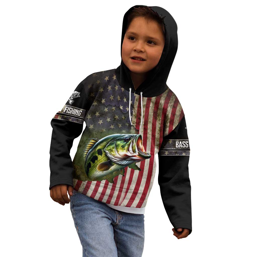 American Flag Largemouth Bass Fishing Kid Hoodie Jumping Fish Graphic and Custom Name Design - Wonder Print Shop
