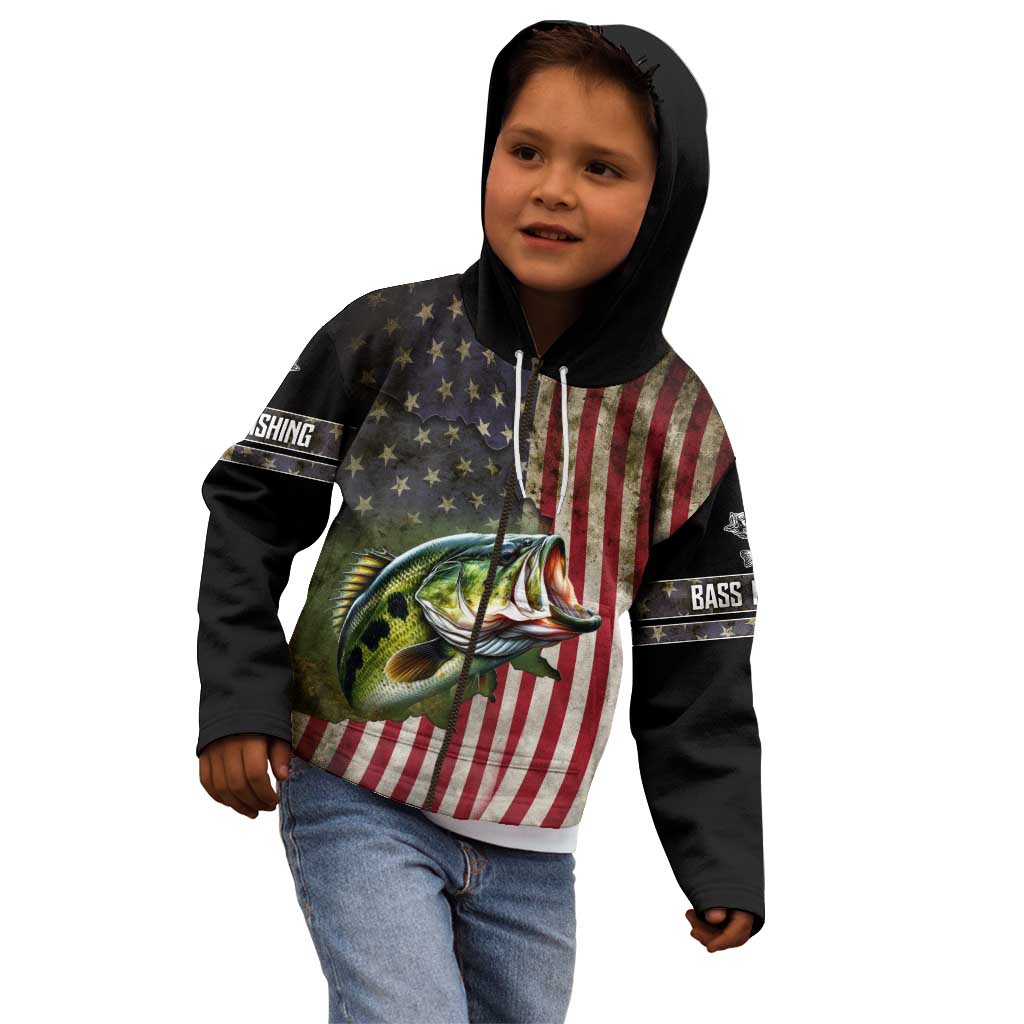 American Flag Largemouth Bass Fishing Kid Hoodie Jumping Fish Graphic and Custom Name Design - Wonder Print Shop