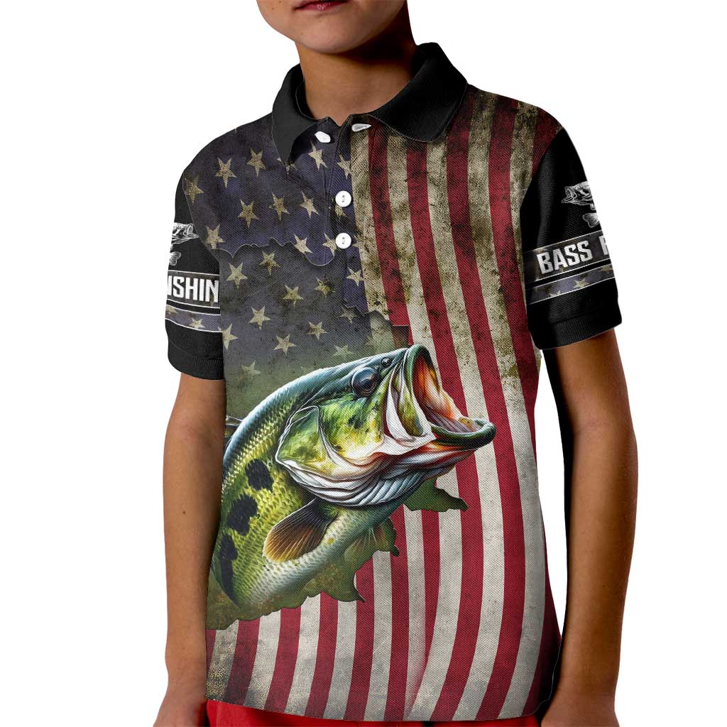 American Flag Largemouth Bass Fishing Kid Polo Shirt Jumping Fish Graphic and Custom Name Design - Wonder Print Shop