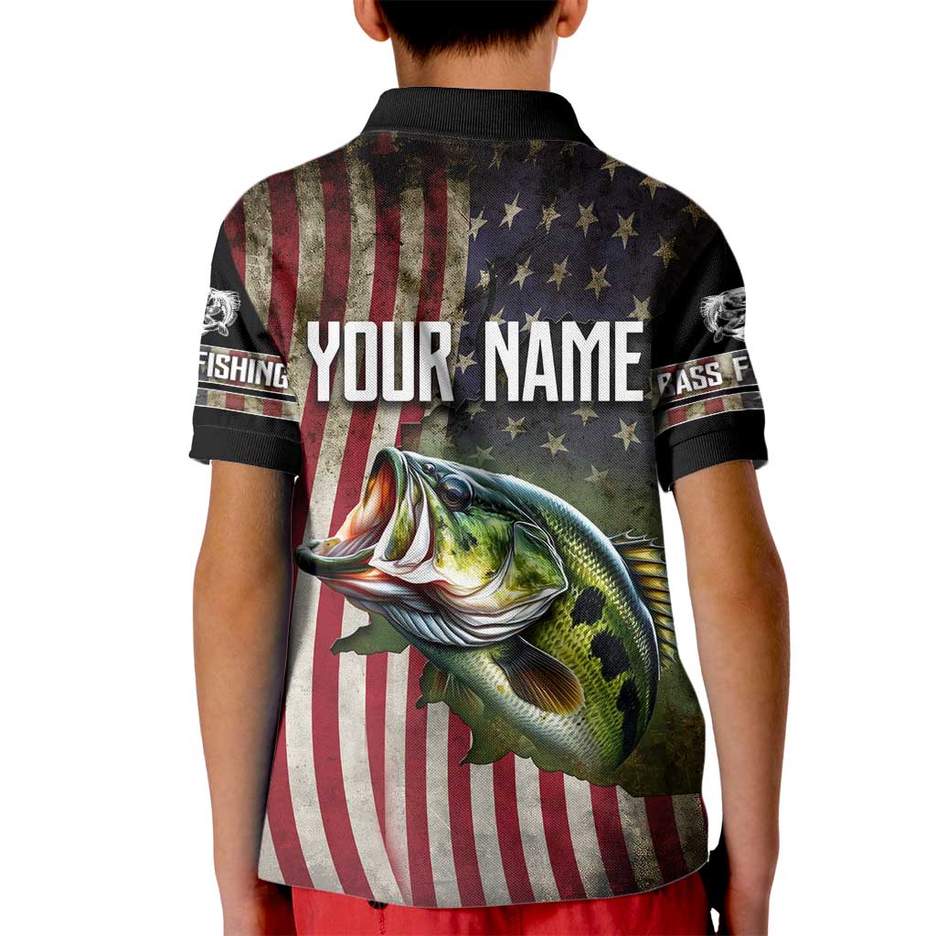 American Flag Largemouth Bass Fishing Kid Polo Shirt Jumping Fish Graphic and Custom Name Design - Wonder Print Shop