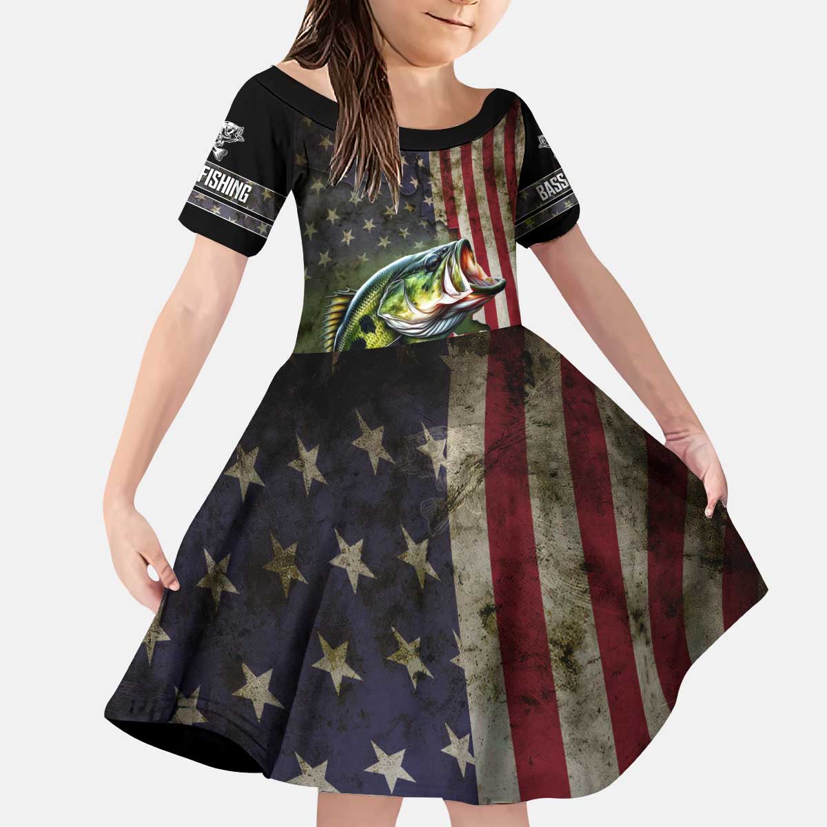 American Flag Largemouth Bass Fishing Kid Short Sleeve Dress Jumping Fish Graphic and Custom Name Design - Wonder Print Shop