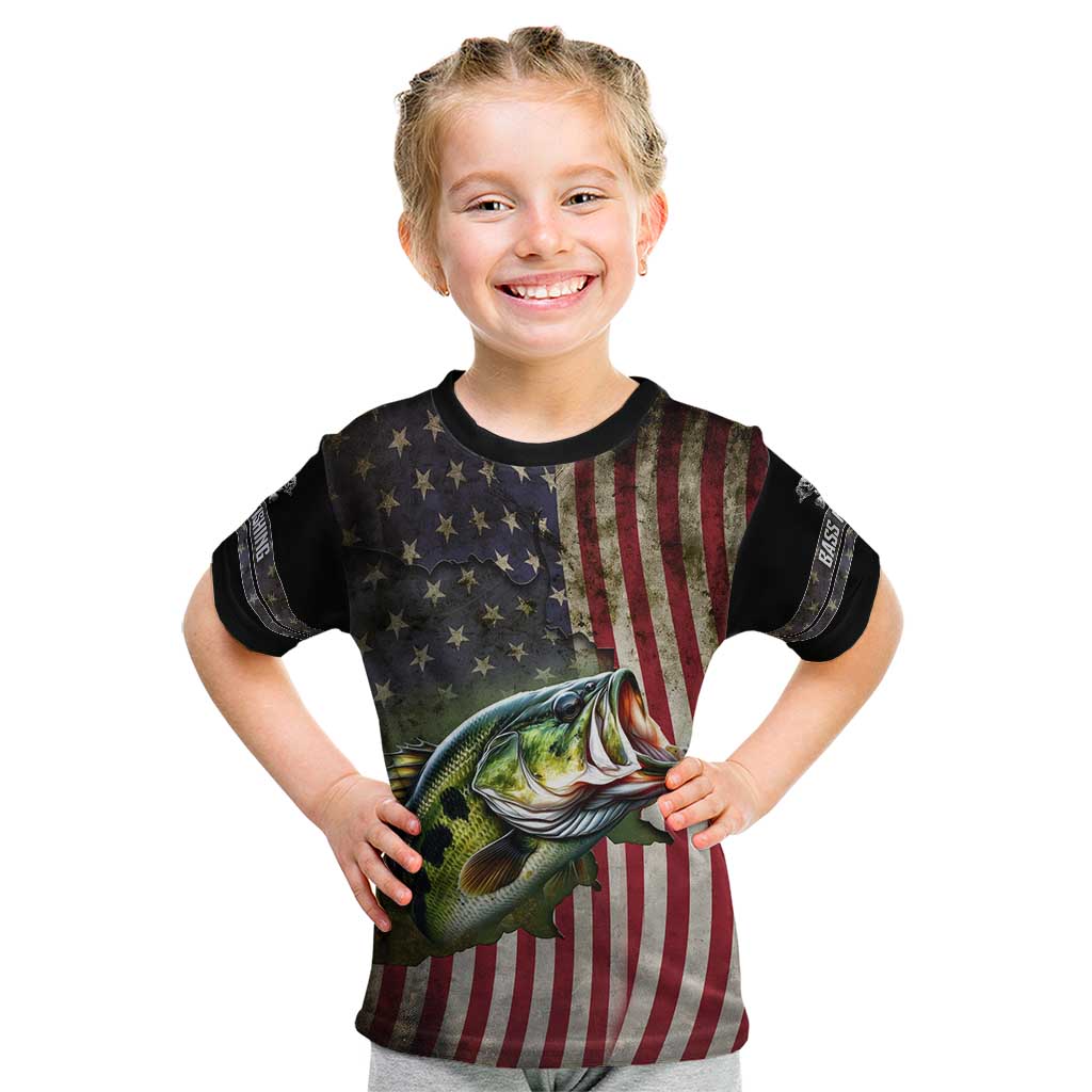 American Flag Largemouth Bass Fishing Kid T Shirt Jumping Fish Graphic and Custom Name Design - Wonder Print Shop