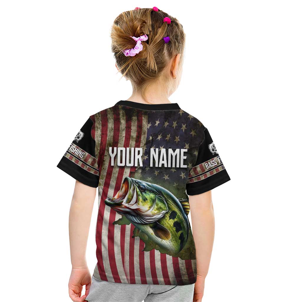 American Flag Largemouth Bass Fishing Kid T Shirt Jumping Fish Graphic and Custom Name Design - Wonder Print Shop