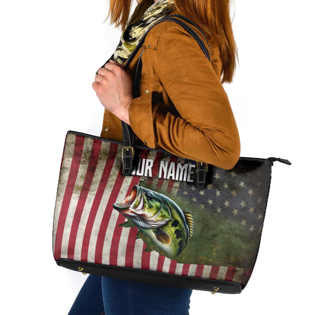 American Flag Largemouth Bass Fishing Leather Tote Bag Jumping Fish Graphic and Custom Name Design - Wonder Print Shop