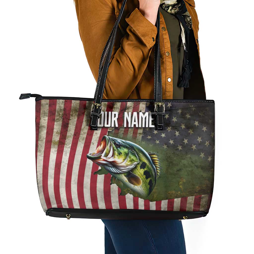American Flag Largemouth Bass Fishing Leather Tote Bag Jumping Fish Graphic and Custom Name Design - Wonder Print Shop