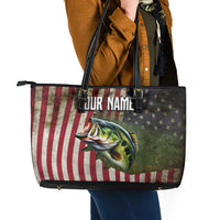 American Flag Largemouth Bass Fishing Leather Tote Bag Jumping Fish Graphic and Custom Name Design - Wonder Print Shop