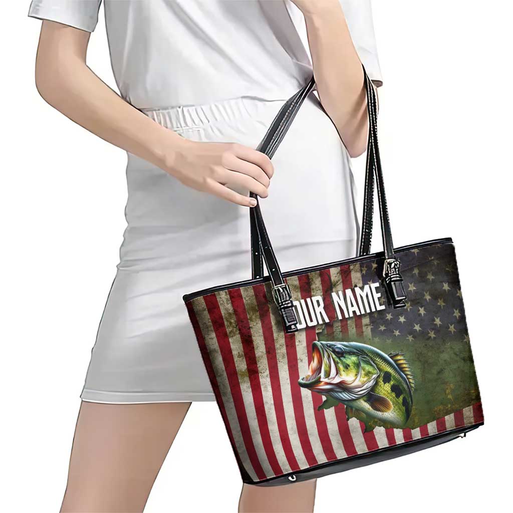 American Flag Largemouth Bass Fishing Leather Tote Bag Jumping Fish Graphic and Custom Name Design - Wonder Print Shop