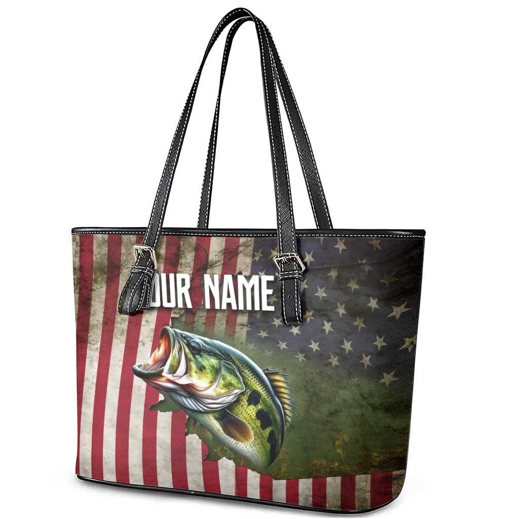 American Flag Largemouth Bass Fishing Leather Tote Bag Jumping Fish Graphic and Custom Name Design - Wonder Print Shop