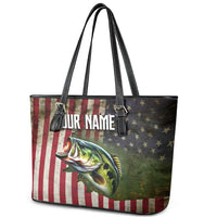 American Flag Largemouth Bass Fishing Leather Tote Bag Jumping Fish Graphic and Custom Name Design - Wonder Print Shop