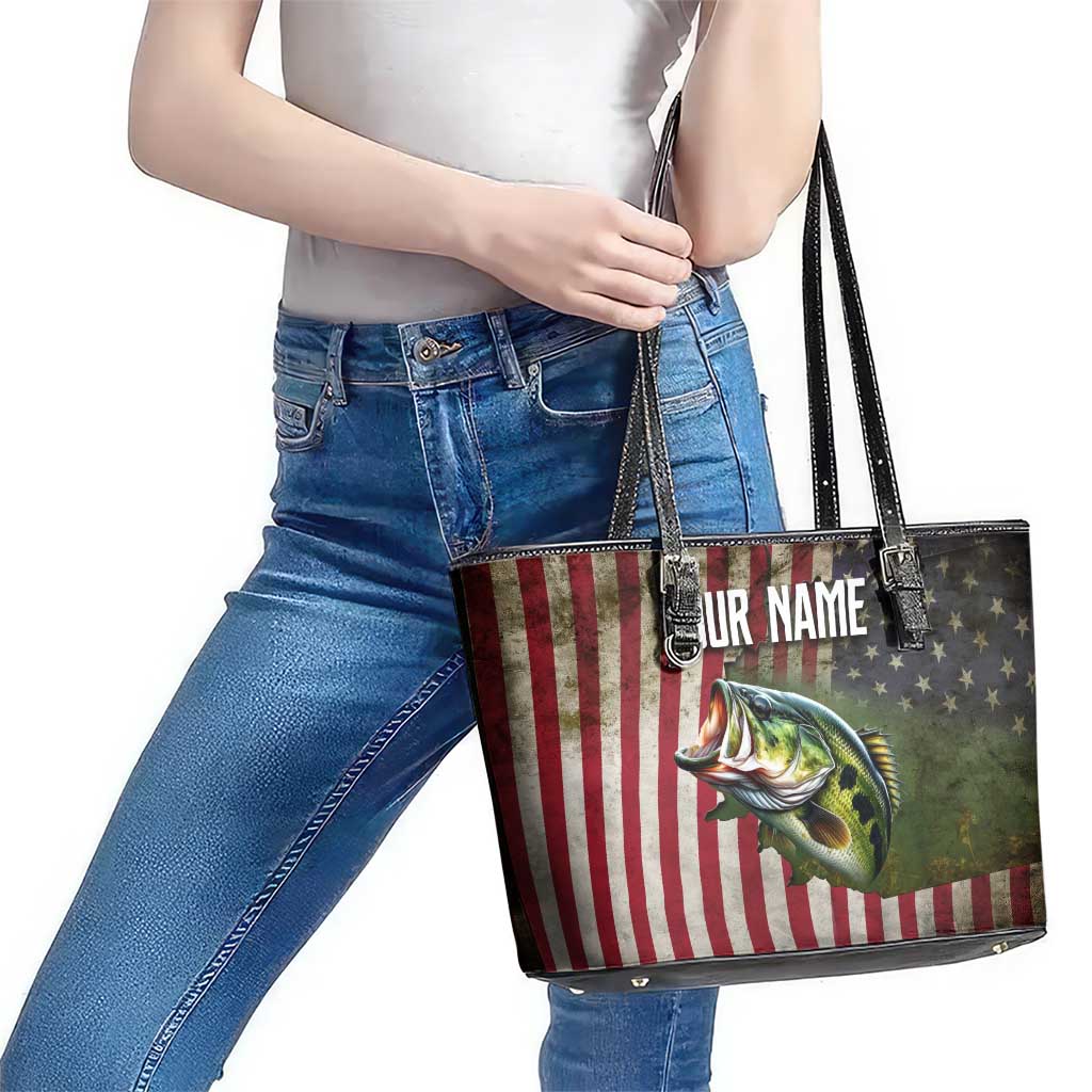 American Flag Largemouth Bass Fishing Leather Tote Bag Jumping Fish Graphic and Custom Name Design - Wonder Print Shop