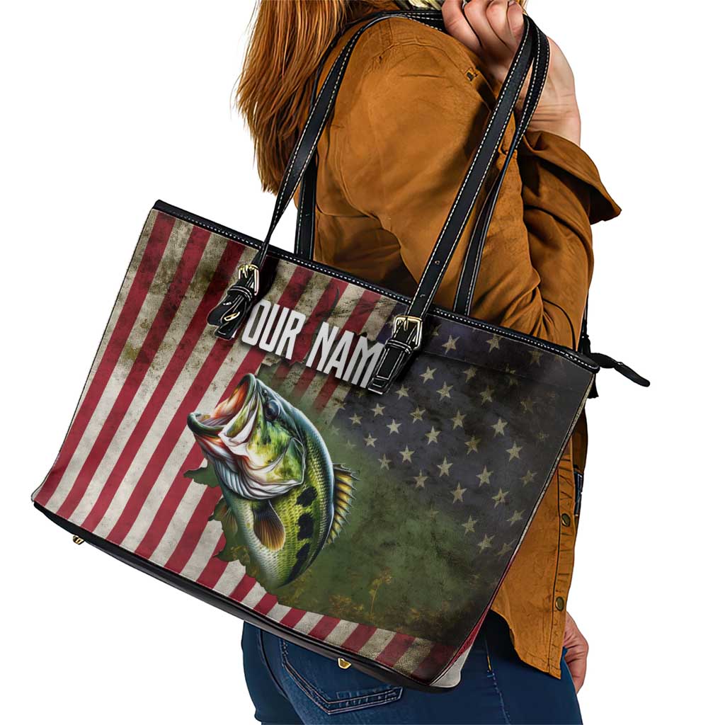 American Flag Largemouth Bass Fishing Leather Tote Bag Jumping Fish Graphic and Custom Name Design - Wonder Print Shop