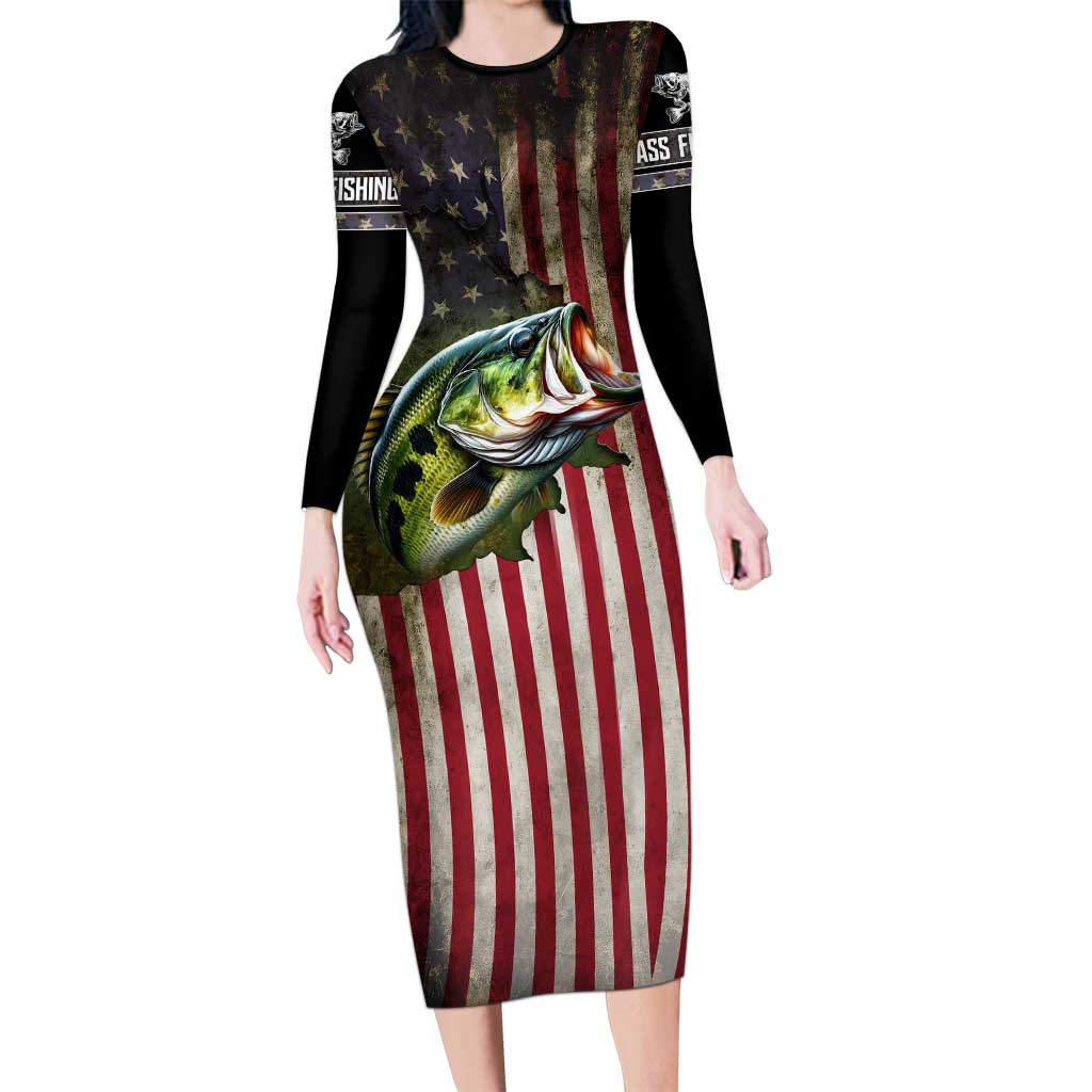 American Flag Largemouth Bass Fishing Long Sleeve Bodycon Dress Jumping Fish Graphic and Custom Name Design - Wonder Print Shop