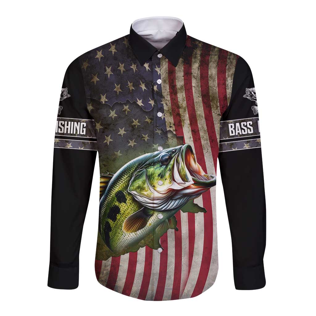 American Flag Largemouth Bass Fishing Long Sleeve Button Shirt Jumping Fish Graphic and Custom Name Design - Wonder Print Shop