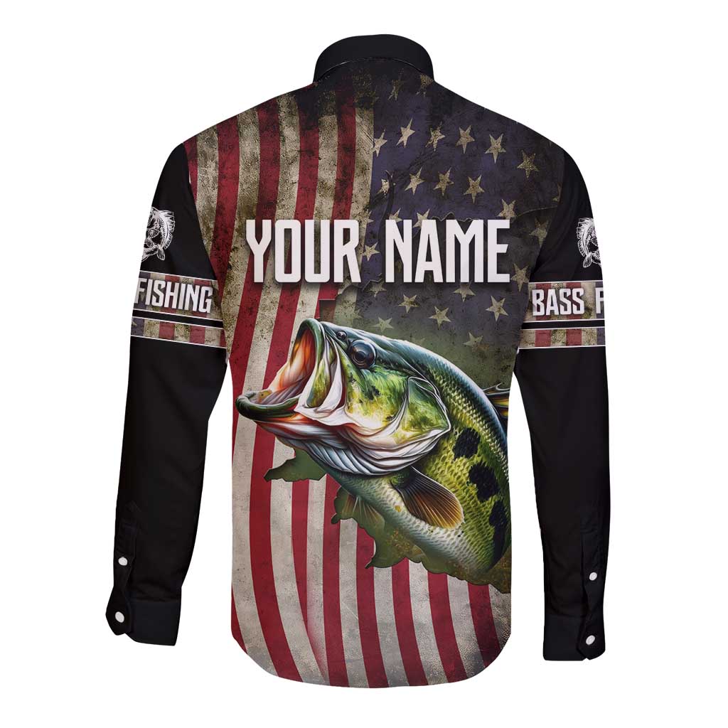 American Flag Largemouth Bass Fishing Long Sleeve Button Shirt Jumping Fish Graphic and Custom Name Design - Wonder Print Shop
