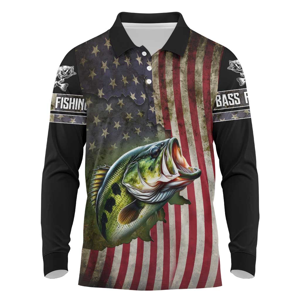 American Flag Largemouth Bass Fishing Long Sleeve Polo Shirt Jumping Fish Graphic and Custom Name Design - Wonder Print Shop
