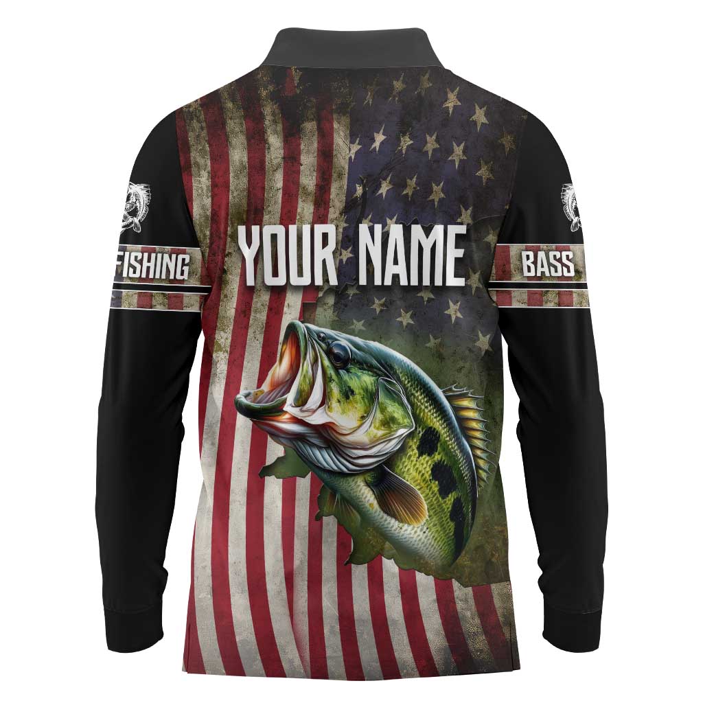 American Flag Largemouth Bass Fishing Long Sleeve Polo Shirt Jumping Fish Graphic and Custom Name Design - Wonder Print Shop