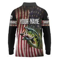 American Flag Largemouth Bass Fishing Long Sleeve Polo Shirt Jumping Fish Graphic and Custom Name Design - Wonder Print Shop