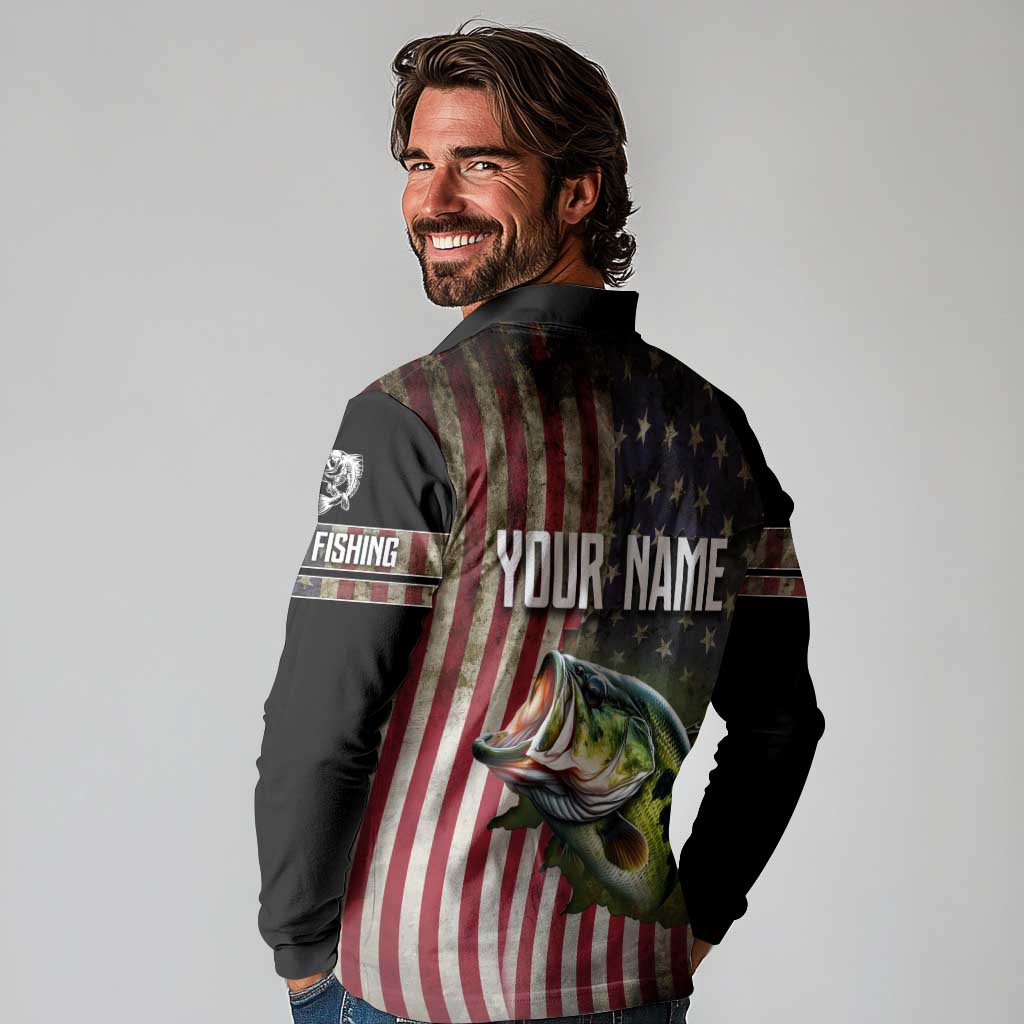American Flag Largemouth Bass Fishing Long Sleeve Polo Shirt Jumping Fish Graphic and Custom Name Design - Wonder Print Shop